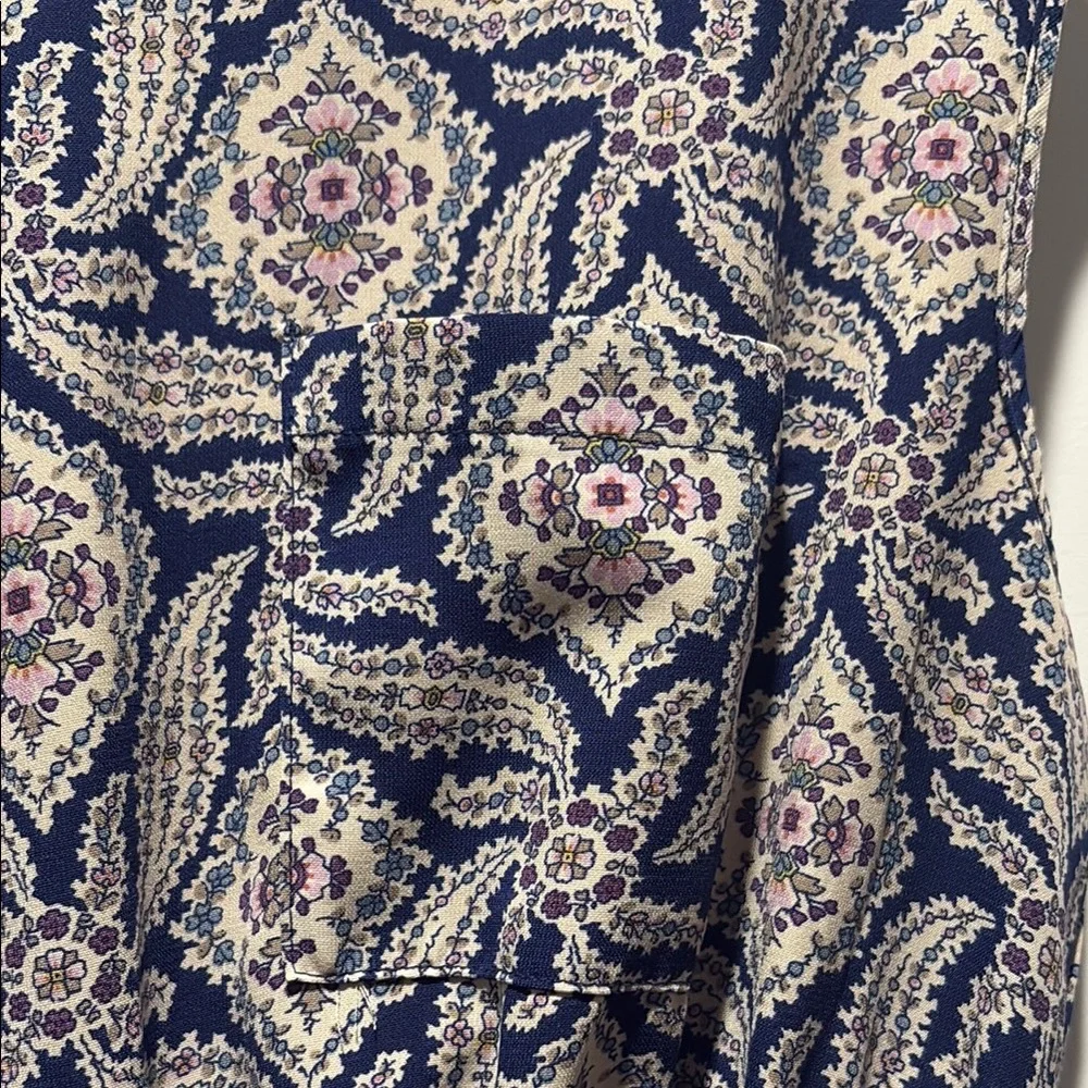 Casual Navy and Cream Paisley Elastic-Waist Dress